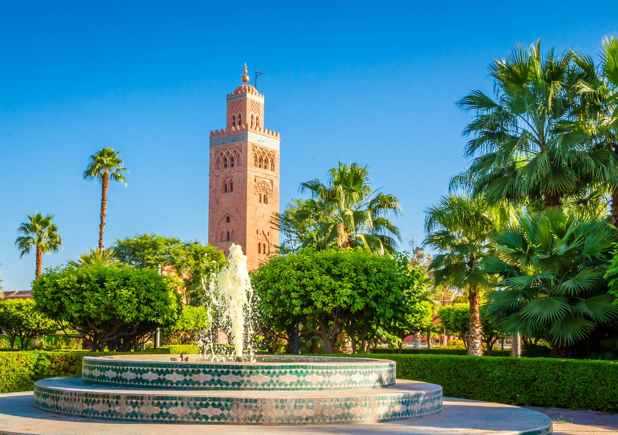 Koutoubia Mosque minaret in old medina of Marrakesh, Morocco