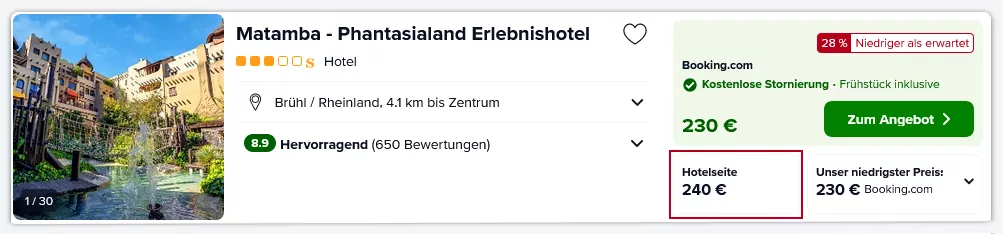 Beispiel für ein Angebot für das Matamba Hotel bei Trivago